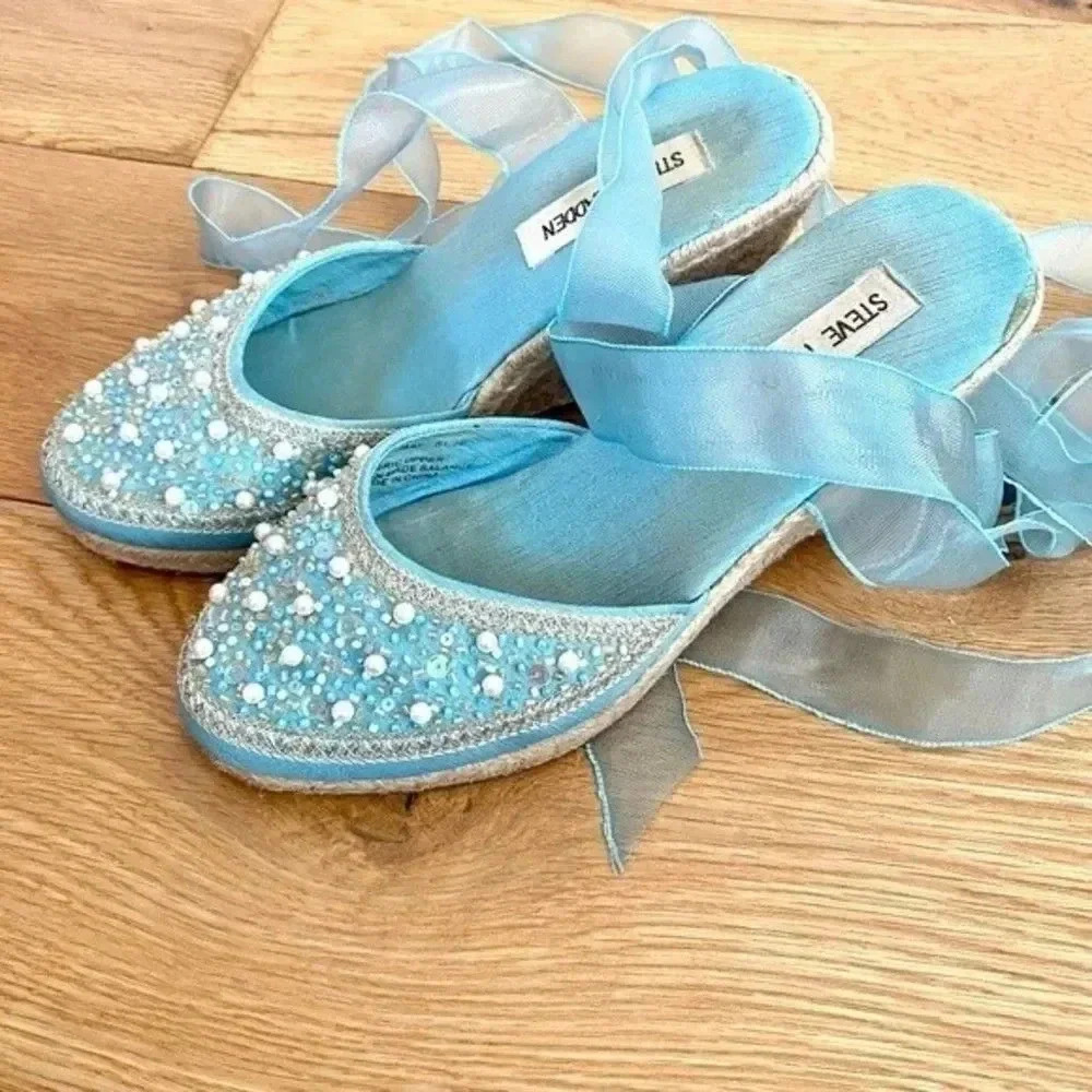 Steve Madden Blue Beaded Espadrilles Tie Up Wedges